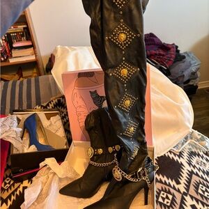 Jeffrey Campbell Black and Gold Over the Knee Boots